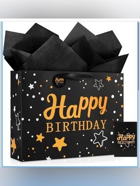 Black & Gold Happy Birthday Gift Bag Bundle (2) w/ Card & Tissue Paper